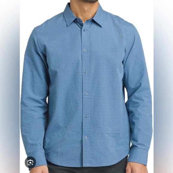 PRANA Garden Long Sleeve Button Down Shirt Steel Blue 100% Organic Cotton Geo - Picture 1 of 11